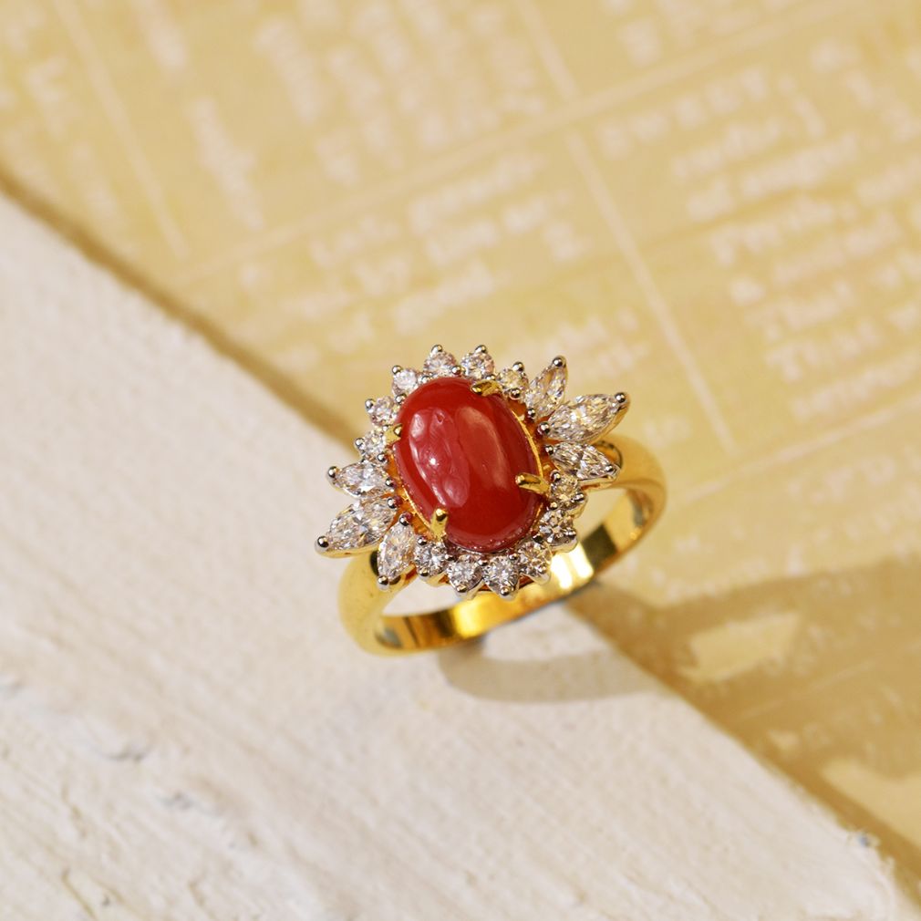 Vintage 18k White Gold Coral and Diamond Oval Cluster Cocktail Ring –  antiques-art-design